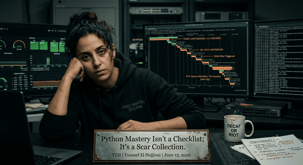 A weary software engineer sitting at a desk in a dark server room at 3:00 AM, looking exhausted after a production incident. Her computer monitors display complex system monitoring graphs, including "GIL Lock Contention" and "N+1 Query Detection" traces. On her desk sits a "Decaf or Riot" mug and a "requirements.txt" file filled with notes about dependency conflicts. A desk nameplate in the foreground reads, "Python Mastery Isn't a Checklist; It's a Scar Collection."