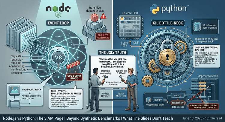 An architectural comparison infographic for Node.js versus Python backend development. The Node.js side illustrates the V8 event loop architecture with a "CPU-BOUND BLOCK" warning, while the Python side visualizes the Global Interpreter Lock (GIL) bottlenecking CPU cores. In the center, two developers stand before a whiteboard titled "THE UGLY TRUTH," comparing the practical trade-offs of using both languages for production systems. Text at the bottom reads, "Node.js vs Python: The 3 AM Page | Beyond Synthetic Benchmarks | What The Slides Don't Teach."